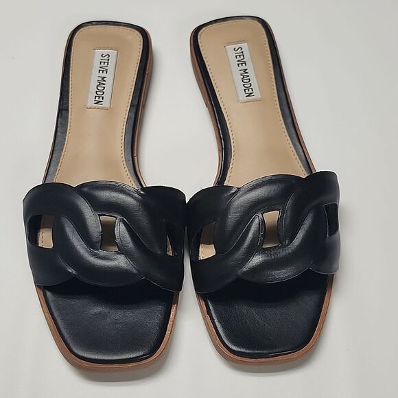 Steve Madden Stash Slides Faux Leather in Black Sz 8.5 New with No Tag - Picture 1 of 8